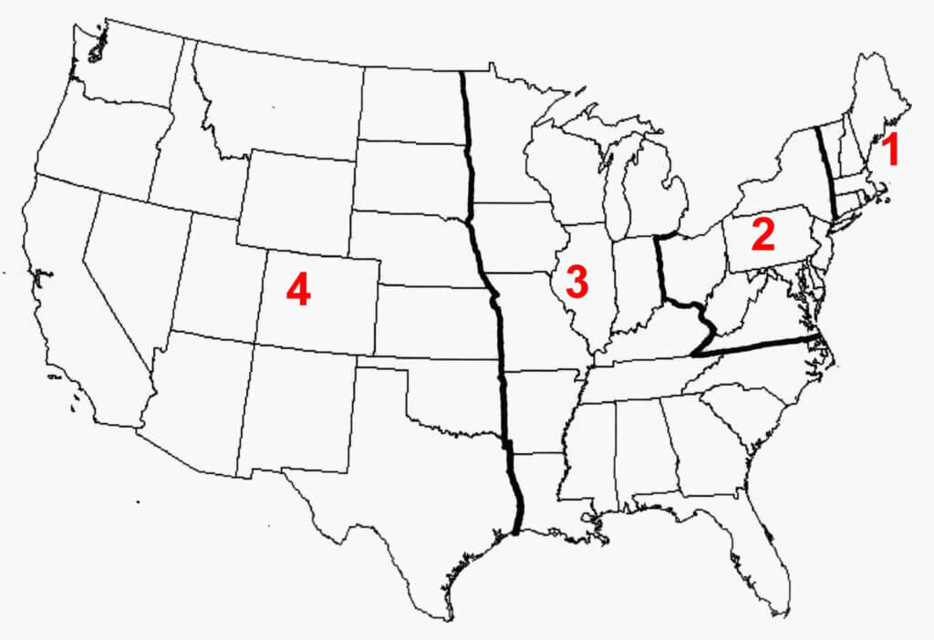 Map of the United States, split into 4 shipping zones.