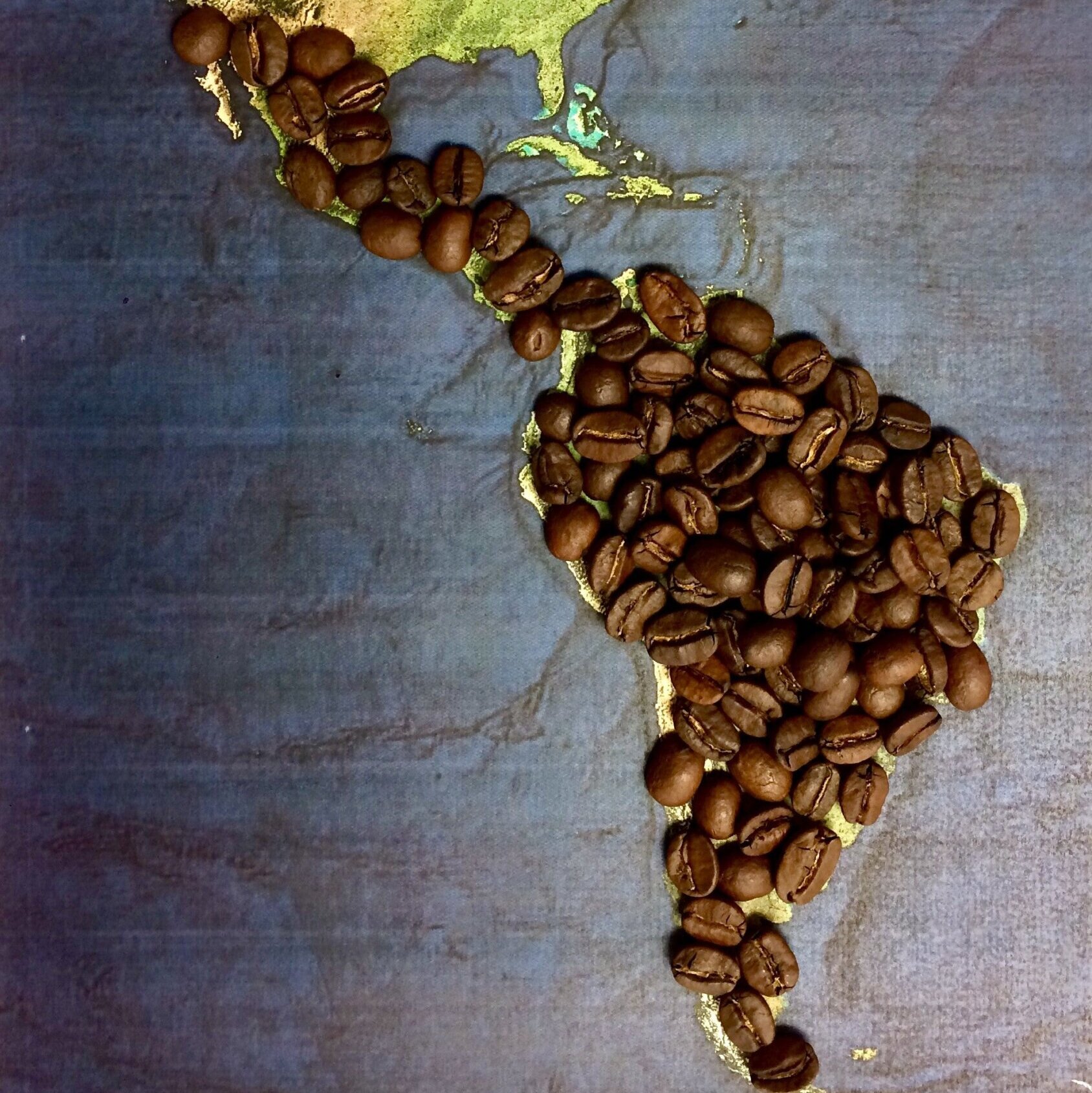 A map of the Americas with coffee beans on Central and South America