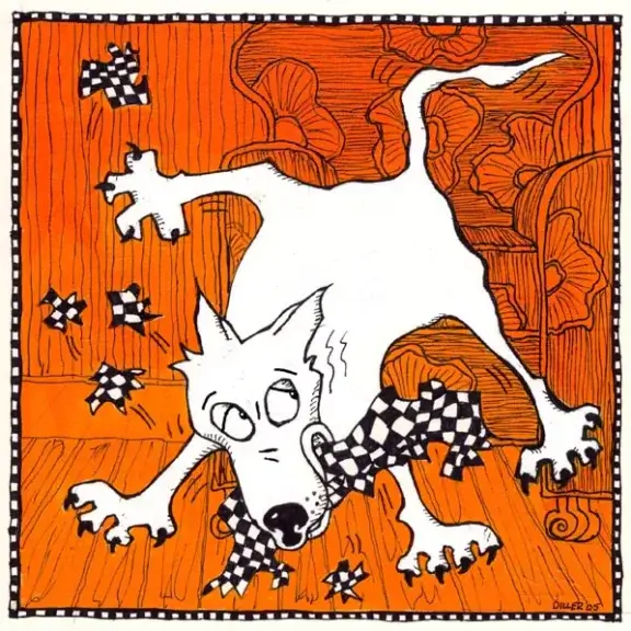 A high contrast illustration of a white dog on an orange background. The dog is chewing on a black and white checkered cloth with its legs splayed, appearing to be caught in the act of being a bad dog. This art represents our Bad Dog Blend coffee.