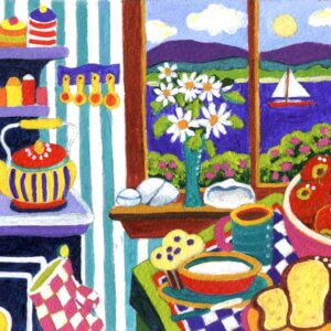 A colorful painted graphic of a kitchen scene with a window, and a kettle on the stove, which represents the label art for butter rum flavored coffee.