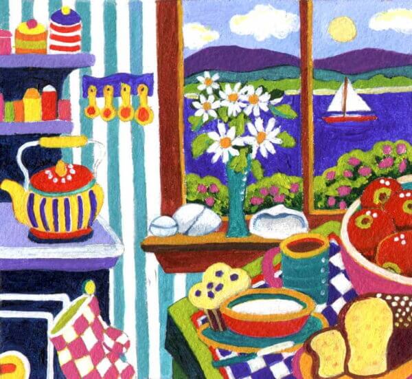 A colorful painted graphic of a kitchen scene with a window, and a kettle on the stove, which represents the label art for butter rum flavored coffee.