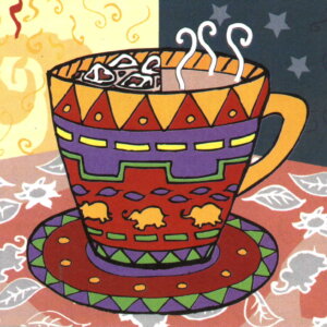 A digital painting of a coffee cup split down the middle between night and day, and hot and iced. This art represents our caramel nut flavored coffee.