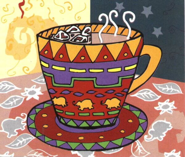 A digital painting of a coffee cup split down the middle between night and day, and hot and iced. This art represents our caramel nut flavored coffee.