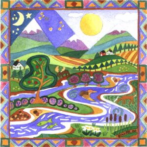 A stylized painting of the Carrabassett River and the western mountains of Maine. This art represents our Carrabassett Classic coffee blend.