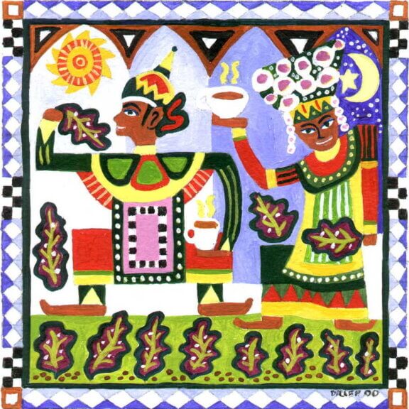 Stylized painted graphic in bold colors and lines of two Indonesian men dancing and holding coffee cups in tribal apparel. This art represents our single origin coffees from Indonesia, including Celebes Kalossi Sulawesi.