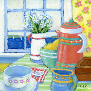 A still-life painting of a decorated coffee carafe, an empty coffee mug on a saucer, and a coffee creamer pitcher sitting on a table near a window. A bouquet of wildflowers is also present on the table. This art represents our chocolate almond flavored coffee.