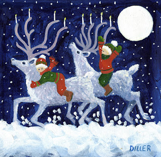 A painting of two children riding reindeer through the snow on a winter's night. The snow and the reindeer are in blue tones, while the children wear green and red. This painting represents the art for our chocolate mint flavored coffee.