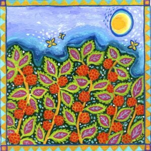 A bright, graphic painting of raspberry leaves and raspberries in front of a blue sky with the sun in the upper right corner. A zig zag border surrounds the image. This art represents our chocolate raspberry flavored coffee.