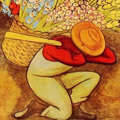 A painting of a farmer carrying a heavy harvest basket on his back. The man's face is obscured by his wide-brimmed hat. He is crouched in a kneeling position. This art represents our Cinnamon Cappuccino flavored coffee.