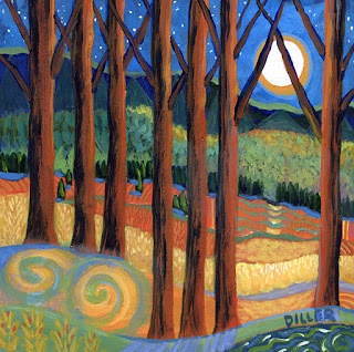 A painting of dark brown, cinnamon colored, leafless trees in front of a night sky. The landscape swirls around the base of the trees. This art represents our cinnamon flavored coffee.