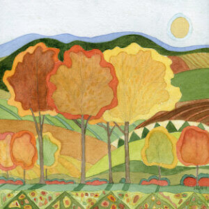 A painting of trees in autumn in shades of orange. This art represents our cinnamon hazelnut flavored coffee.