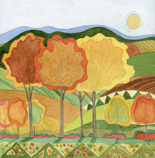 A painting of trees in autumn in shades of orange. This art represents our cinnamon hazelnut flavored coffee.