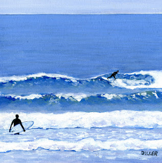 A painting of a surfer entering the waves of the ocean. This art represents our coconut cream flavored coffee.