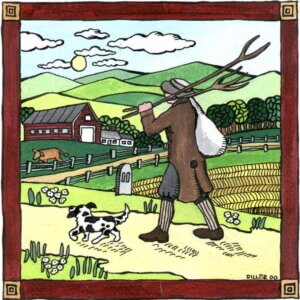 This digital painting shows a wanderer and his dog walking down a country road. In the background is a farm field and a red barn. This art represents our Country Mile blend.
