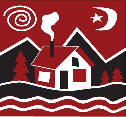 The Carrabassett Coffee Company Logo. Red and black and white line drawing of a house by a river with three pine trees. Smoke comes out of the chimney. Mountain peaks are in the background. A swirl and a crescent moon with one star are in the sky.