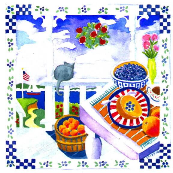 A pastel painting of a porch rail with a cat sitting on it, next to a table with a bowl full of blueberries, and a blueberry pie. This painting represents the art for Blueberry Cobbler Decaf flavored Coffee.