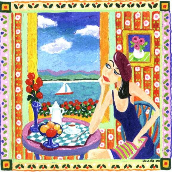 A painting of a woman sitting at a small breakfast table in front of a window. The woman is wearing a beret and a little black dress, implying she may be French. She gazes out the window at a sailboat on the water. On the table in front of her is a bouquet of orange flowers, a small bowl of fruit, and a coffee pot with an espresso or cappuccino mug. This art represents our decaf French vanilla flavored coffee.