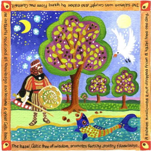 A stylized painting of a medieval era Celtic warrior, standing under a hazelnut tree, next to a river, where a large fish holds its mouth open to catch hazelnuts in its mouth. Around the image is a border with text, which reads: "the Hazel, Celtic Tree of wisdom, promotes fertility, poetry & knowledge. A salmon swallowed a nut dropped from a hazel tree one day. The salmon was caught and eaten by young Fiann Mac Camhaill. He instantly received all knowledge and became a great Celtic hero." This art represents our decaf hazelnut flavored coffee.