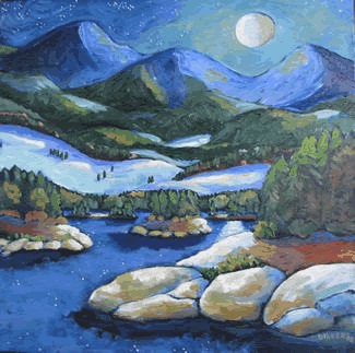 A painting of a moonlit landscape: blue high mountain peaks in the background and a winding river surrounded by large rocks in the foreground. This art is used for our Decaf High Peaks coffee blend.