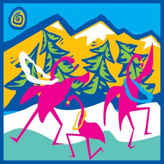 A high-contrast, colorful, digital painting of three flamingoes dancing in front of dancing pine trees and a mountain range. This art represents our decaf Jamaica Me Crazy flavored coffee.