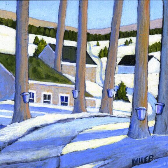 A painting of an early spring scene, showing tall maple tree trunks with buckets to collect the maple sap, which would then later be boiled down into maple syrup. Two houses are visible in the painting, and a road snakes through the center. The shadows from the maple trees cast blue light onto the snowy ground. This art represents our decaf maple walnut flavored coffee.