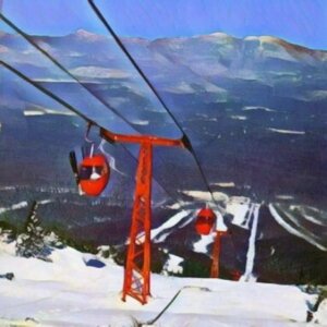 A digitally painted image of a red gondola on Gondi Line trail at Sugarloaf; it's a ski slope. The Bigelow mountain range is in the background. This art represents our Decaf Organic Gondi Line coffee.