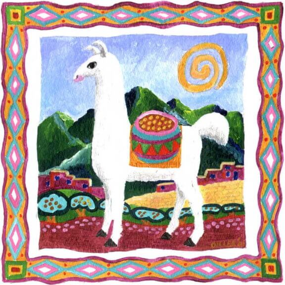 A painting of a llama wearing a pack in the peruvian countryside surrounded by a border of abstract lines and shapes in pinks, oranges and greens. This art is representative of the Organic Peru and Organic Peru Decaf medium roasts coffees.