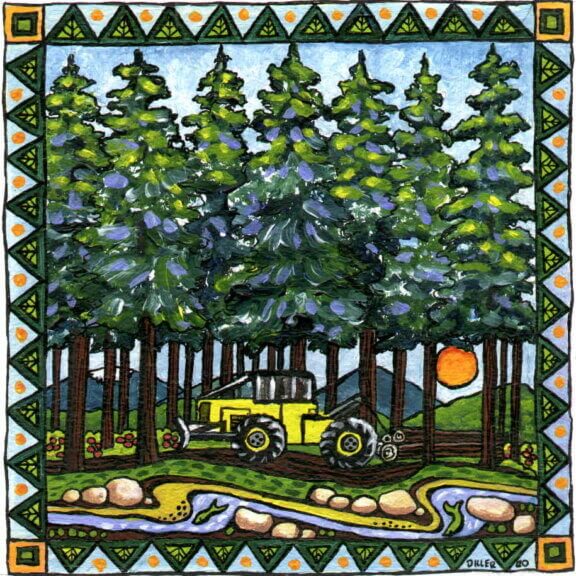 A cartoon-style painting of an evergreen forest next to a river. There is a yellow skidder in the center of the image. This art represents our decaf timberline organic coffee.