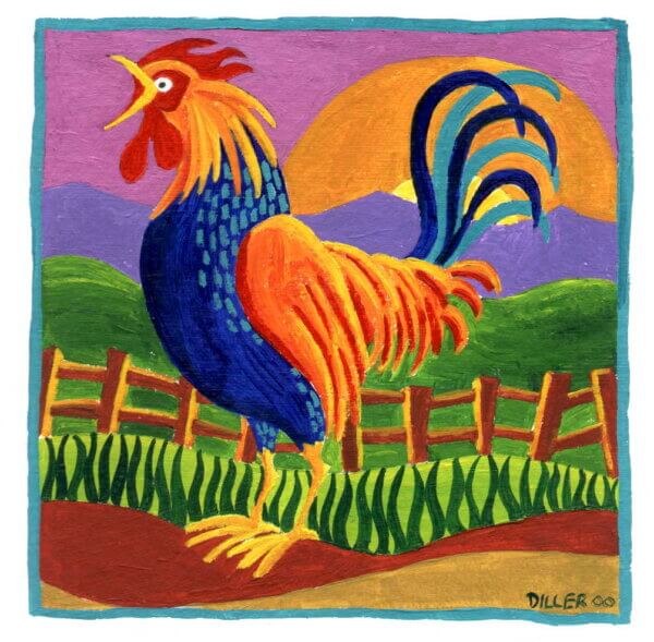A painting of a large rooster crowing in front of a farm fence at sunrise. This is the art for our decaf rooster dark roast blend.