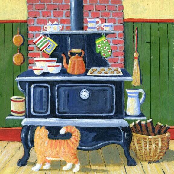 A painting of an old fashioned, wood-burning cook stove in front of a brick chimney. In front of the stove is a ginger cat, and on top of the stove, next to a kettle, is a tray of freshly baked cookies. This is the art that represents our decaf Snickerdoodle flavored coffee.