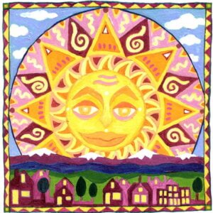 A cartoon-style painting of a large sunshine with a smiling face rising over the mountains and the lit windows of small houses. This art represents our decaf sunrise blend.