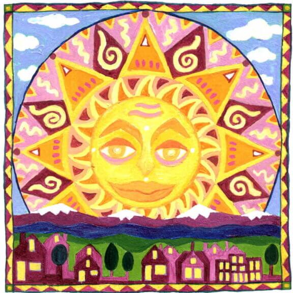 A cartoon-style painting of a large sunshine with a smiling face rising over the mountains and the lit windows of small houses. This art represents our decaf sunrise blend.