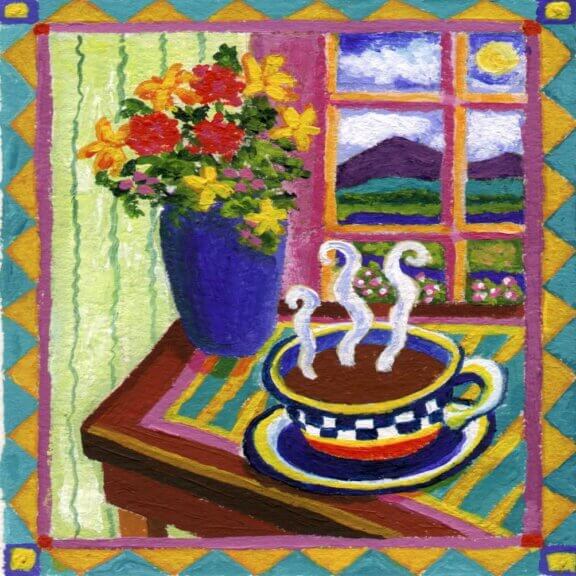 A still life painting with a geometric border. The painting shows a steaming cup of hot coffee on a table with flowers in front of a window. This art represents our decaf english toffee flavored coffee.