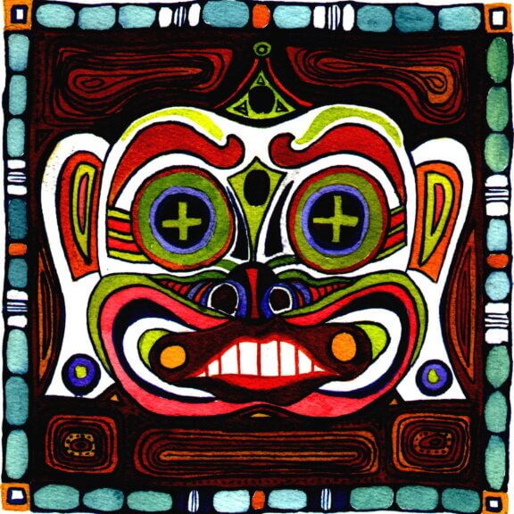 An illustration of a tribal mask with browns, reds, and greens. This art represents our Java single origin coffee.