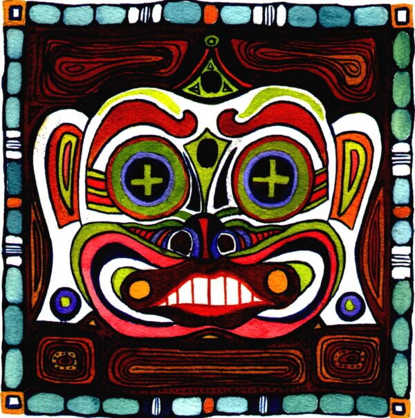 An illustration of a tribal mask with browns, reds, and greens. This art represents our Java single origin coffee.