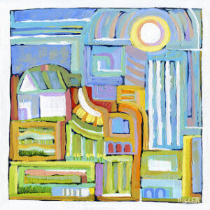 An abstract painting made up of vertical and horizontal lines. Shades of blue, green, purple, and pale orange cross this painting. This art represents our Kahlua and Cream flavored coffee.