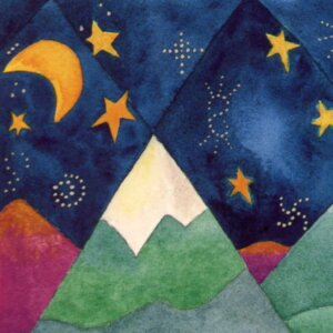 A geometric, stylized painting of a snow-capped mountain in front of a night sky with a moon and stars. This artwork represents our Mountain Espresso dark roast coffee blend.