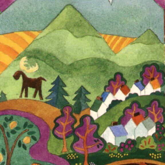 An illustration of a green mountain range. In the foreground is a forest and the roofs of small townhouses. A moose is visible on the top of a hill. This art represents our Big Carry Organic coffee.