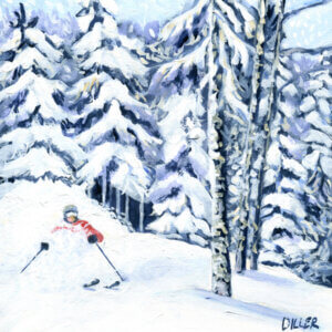 A painting of a snowy ski trail next to trees covered in fresh snow. A skier skis down through the powder. This art represents Brack Brook Organic blend.