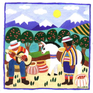 A painting of two men in front of a South American farm. Snow-capped mountain peaks can be seen in the distance. The man on the left plays a guitar. The man on the right is standing next to a donkey who is carrying baskets for the coffee harvest. Baskets full of coffee cherries surround the men and the donkey. This art represents a few of our South American single origin coffees, including Organic Colombia.