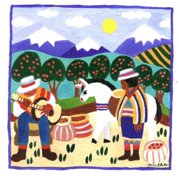 A painting of two men in front of a South American farm. Snow-capped mountain peaks can be seen in the distance. The man on the left plays a guitar. The man on the right is standing next to a donkey who is carrying baskets for the coffee harvest. Baskets full of coffee cherries surround the men and the donkey. This art represents a few of our South American single origin coffees, including Organic Colombia.