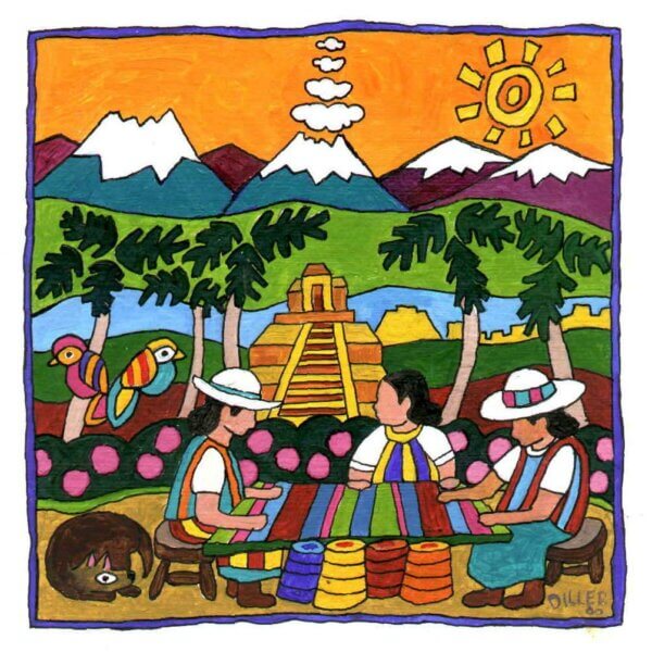 A painted graphic scene in bold colors depicting three people sitting down to eat at a picnic blanket. In the background are tall mountain peaks. The style suggests Central America. This art represents our Organic Guatemala Single Origin Coffee.