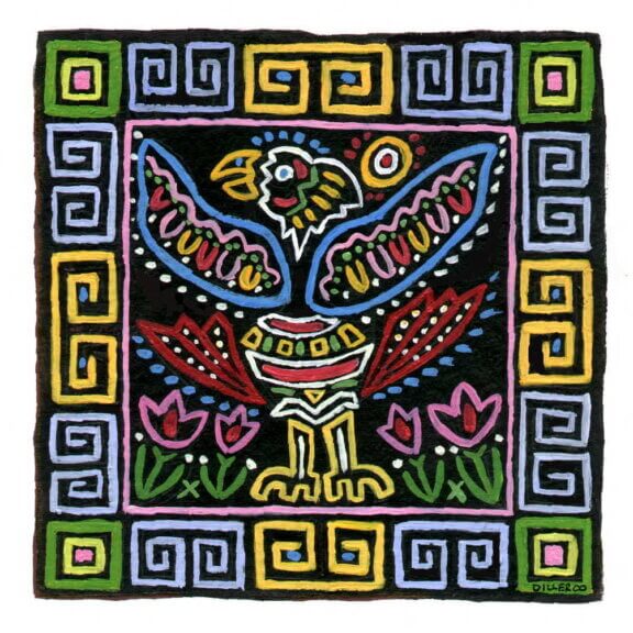 An illustration of a bird with outstretched wings in an Aztec art style, with colored lines and angles. Blue, yellow, green and pink. This art represents our Organic Mexico single origin coffee.