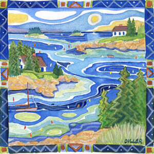 A painting of a river leading out to the sea, with lovely little islands and trees. The water swirls below and the clouds swirl above. A zig-zag blue border surrounds the image. A boat travels down the river toward the ocean. This art is used for our Organic Out of Bounds coffee.