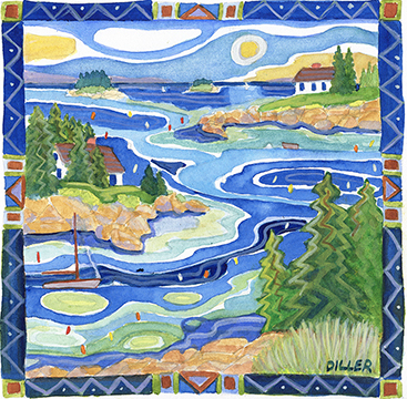 A painting of a river leading out to the sea, with lovely little islands and trees. The water swirls below and the clouds swirl above. A zig-zag blue border surrounds the image. A boat travels down the river toward the ocean. This art is used for our Organic Out of Bounds coffee.