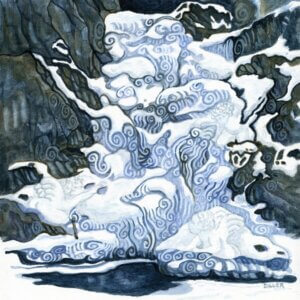 A painting of a rushing river or waterfall flowing directly at the viewer with dark rocs on either side. The water is capped with white, to show it is moving fast. We use this art to represent our River Driver's Organic espresso.