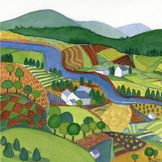 A painted landscape in autumn tones- muted greens, browns, and pale golden yellows. This lanscape is viewed as though standing on the top of a high hill looking down. Farm fields cover the rolling hills and a blue, winding river cuts through the center of the scene. In the distance are mountains. This art represents our Sandy River Organic coffee.