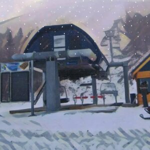 An abstracted digital painting of the base of Skyline chairlift on Sugarloaf Mountain. Snow falls across the image. This art represents our Skyline Organic Espresso.