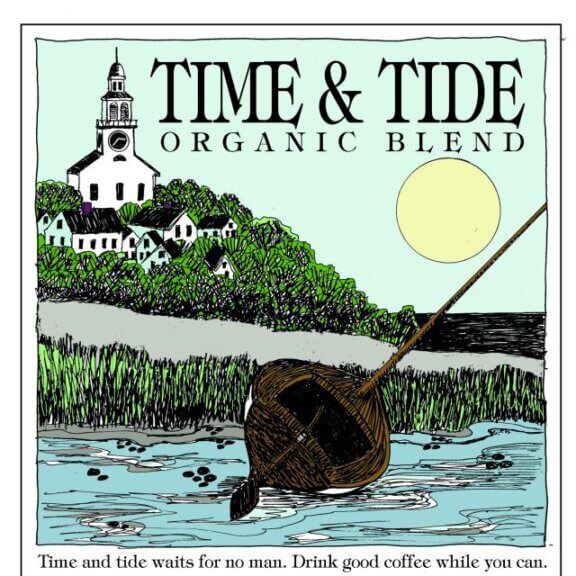 A painting of a sailboat with no sails tilted to the side, tied up to land. The tide appears to be rising up onto the sandy beach. In the distance you can see a church with a tall steeple. In the sky are the words: Time & Tide Organic blend and a sunshine. This art represents our TIme and Tide coffee.
