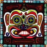 An illustration of a tribal mask with browns, reds, and greens. This art represents our Organic Timor and Organic Timor French roast single origin coffees.